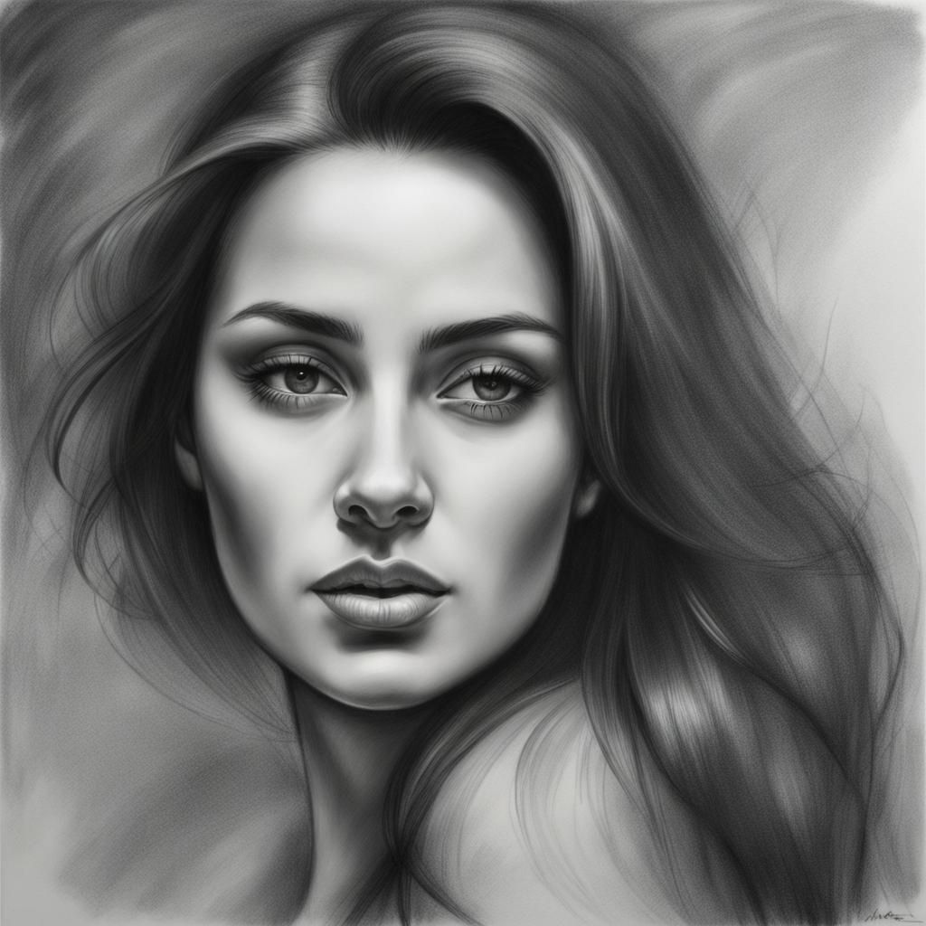 ""Create a charcoal drawing that showcases the elegance and allure of an attractive woman. The drawing ...  by @DecloDee