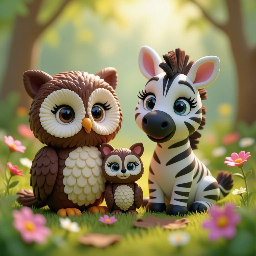 Baby Owl, Raccoon, and Zebra Clay Sculpture