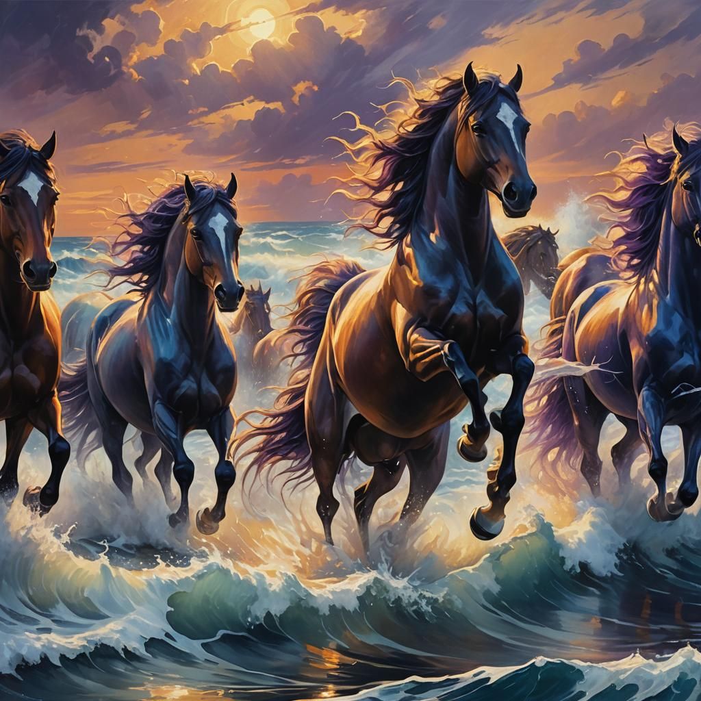 Horses Ride Ocean Waves at Sunset: Digital Art