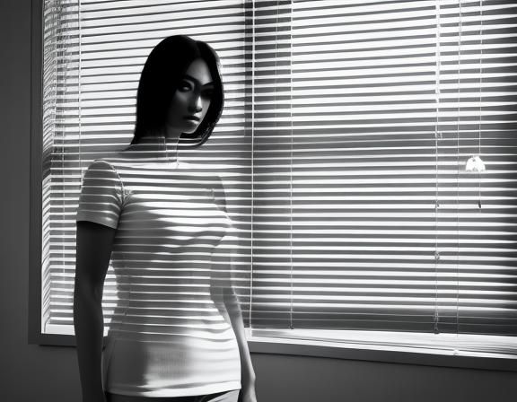 Window blinds shadows over full body closeup minimalist portrait dual tone
