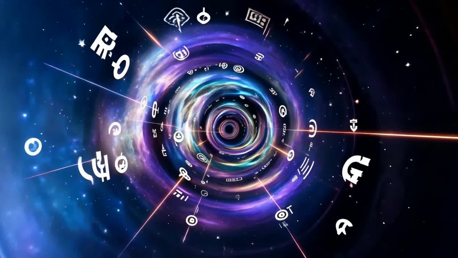 A spinning cosmic tunnel broadcasts signals, symbols, and faces into space. The camera travels into the tunnel until it ...