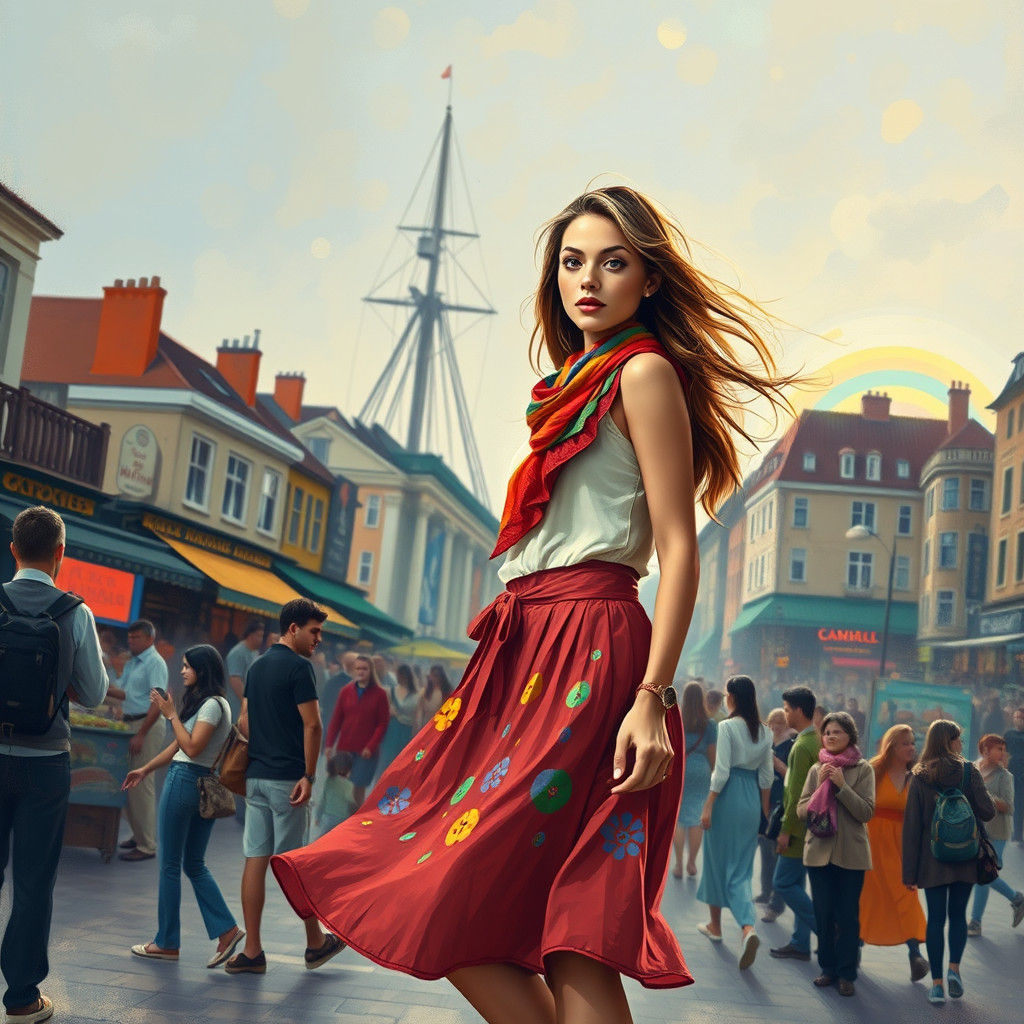 Vibrant Woman's Adventure in Bustling City Square