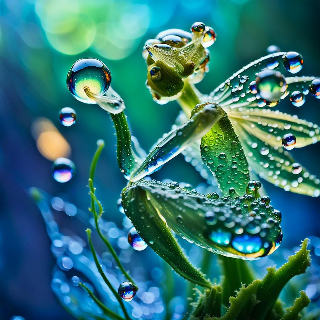 macro microscopic photo of a water fairy with a drop of water showing all the little things in it 

hyperdetailed ...  by @ValerieS