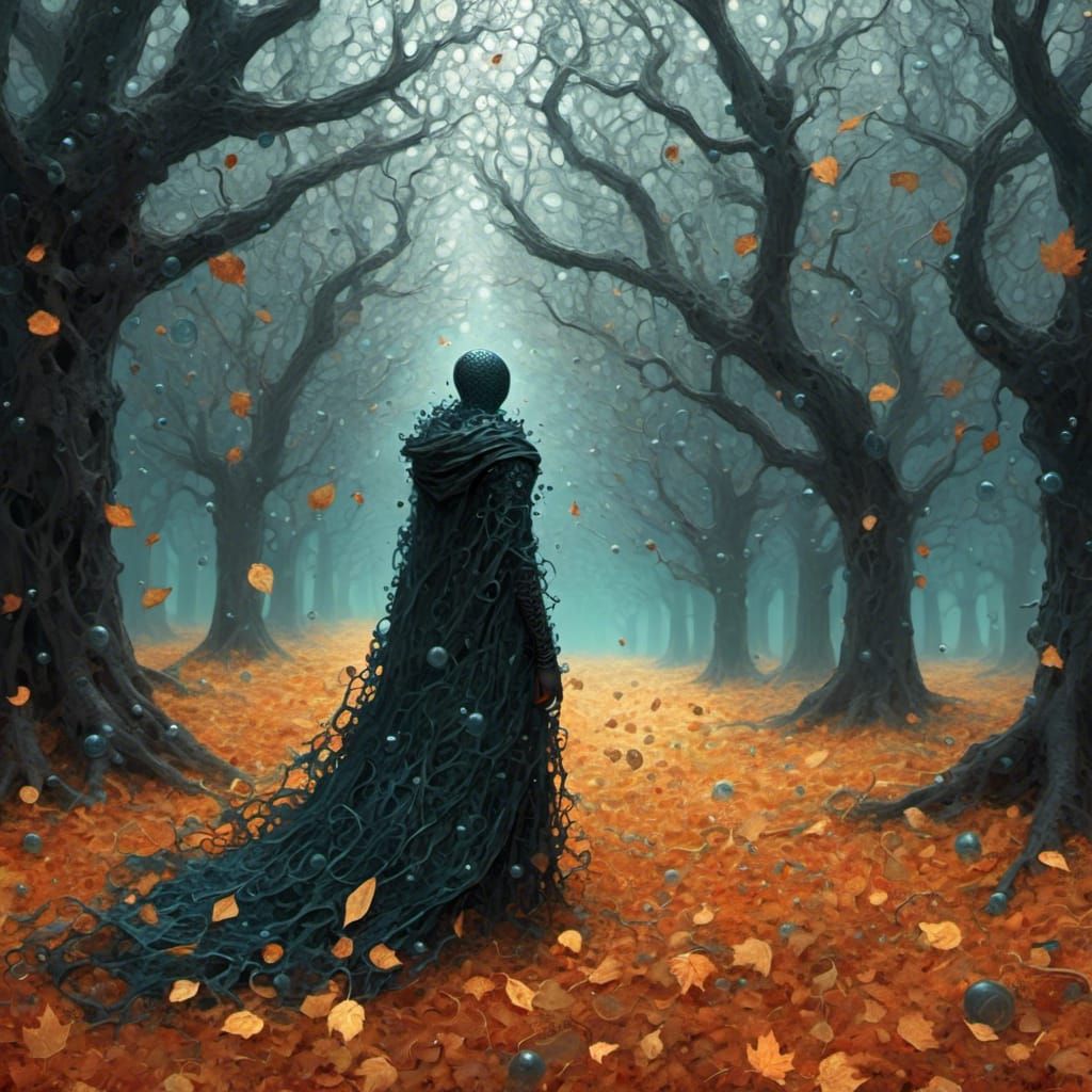  <lora:Spheres:1.0> A figure in a long, tattered cloak walking through a forest of bare trees, their footsteps crunching on fallen leaves
