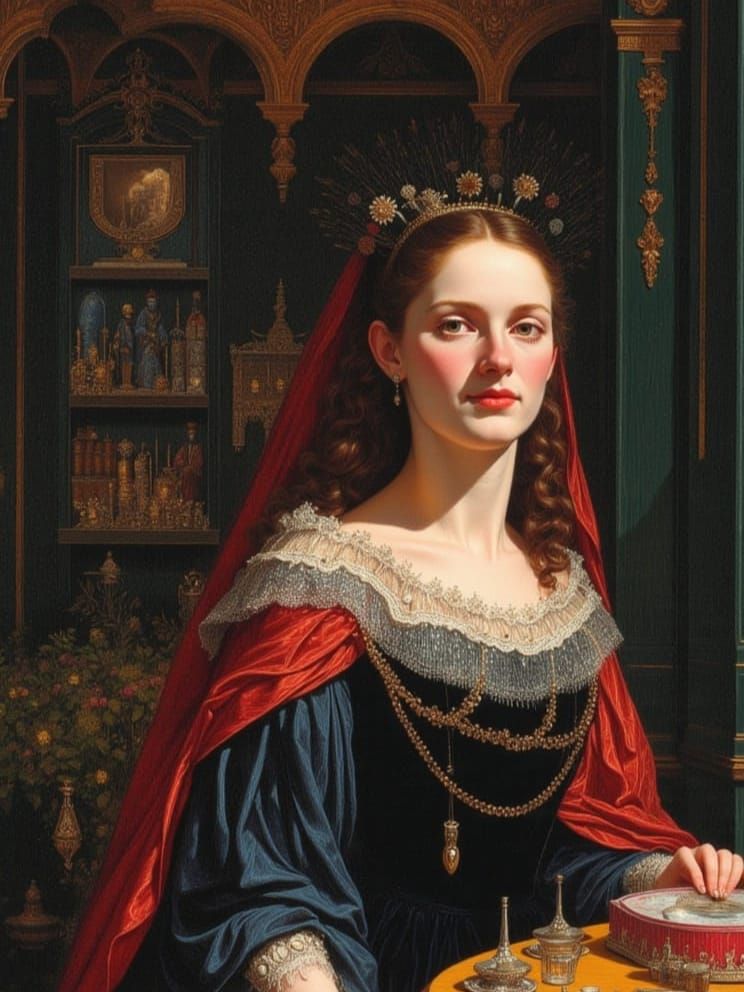 <lora:Concelo:1.0> <lora:Somniorum:1.0> in the style of an ancient shroud, with a fusion of surrealism and portraits in the style of fairy t...