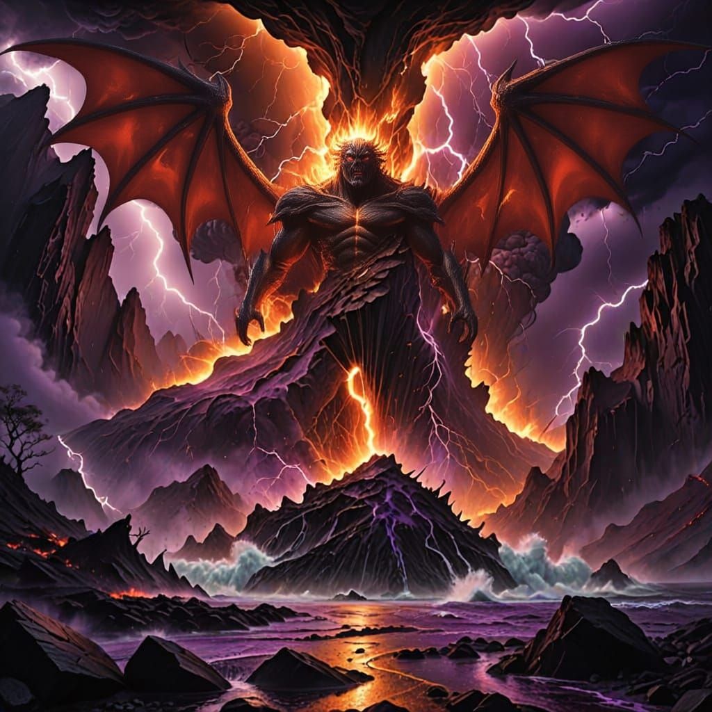 A tempestuous, alien landscape where a raging storm unleashes its fury. Towering, jagged mountains of obsidian and molten rock tremble under...