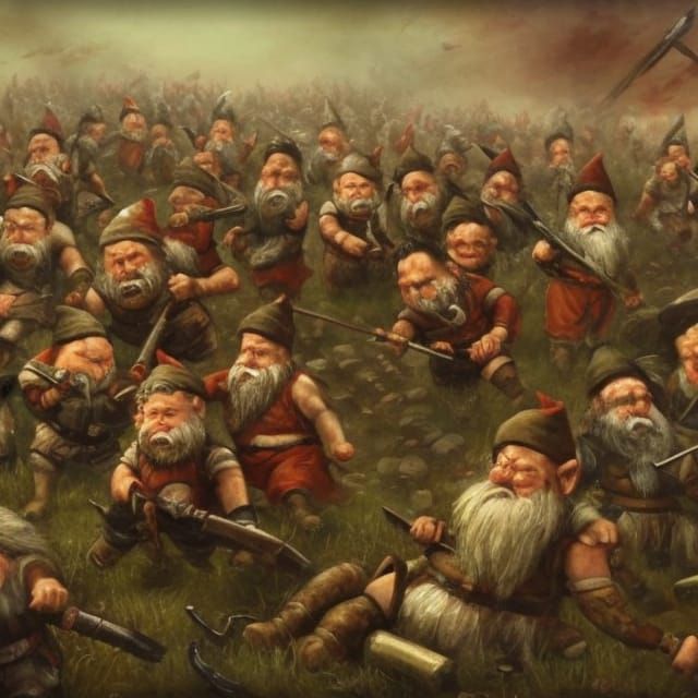 500 gnomes with accurate bodies and faces in bloody battle, ...