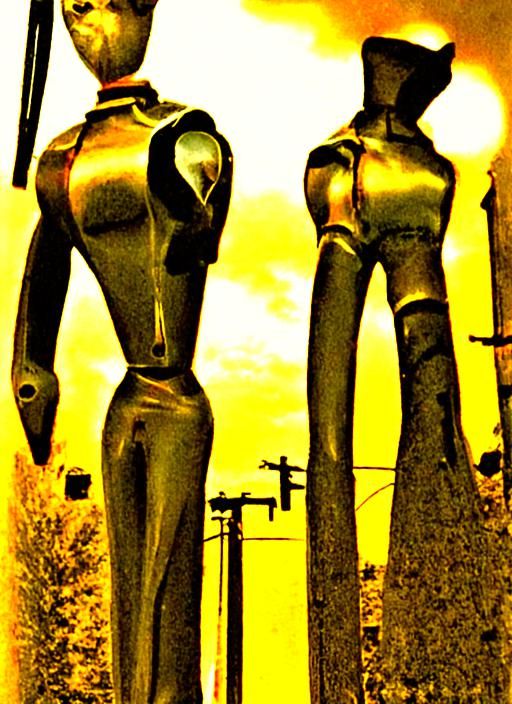 metal mannequins standing along side of road; HDR; noise gra...