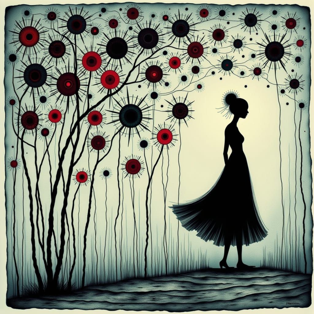 <lora:TriXy Artz:1.0> Oil painting in red black and white  haunting, exploration of identity