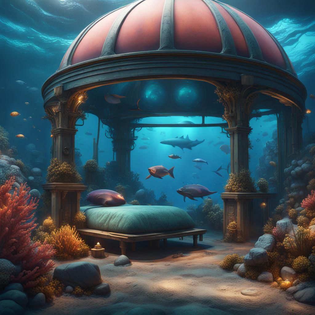 Colourful deep ocean with an underwater watertight dome over...