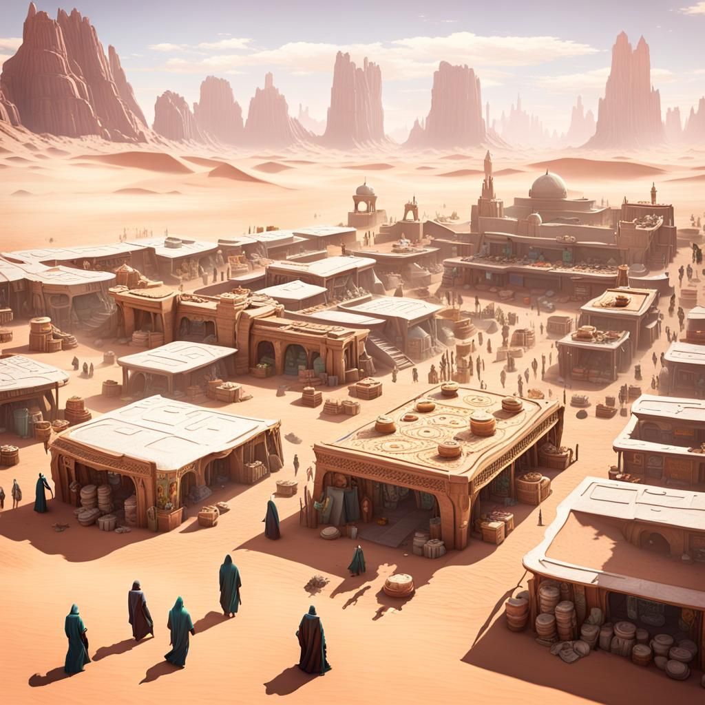 a large desert town with stalls and shops selling alien food...