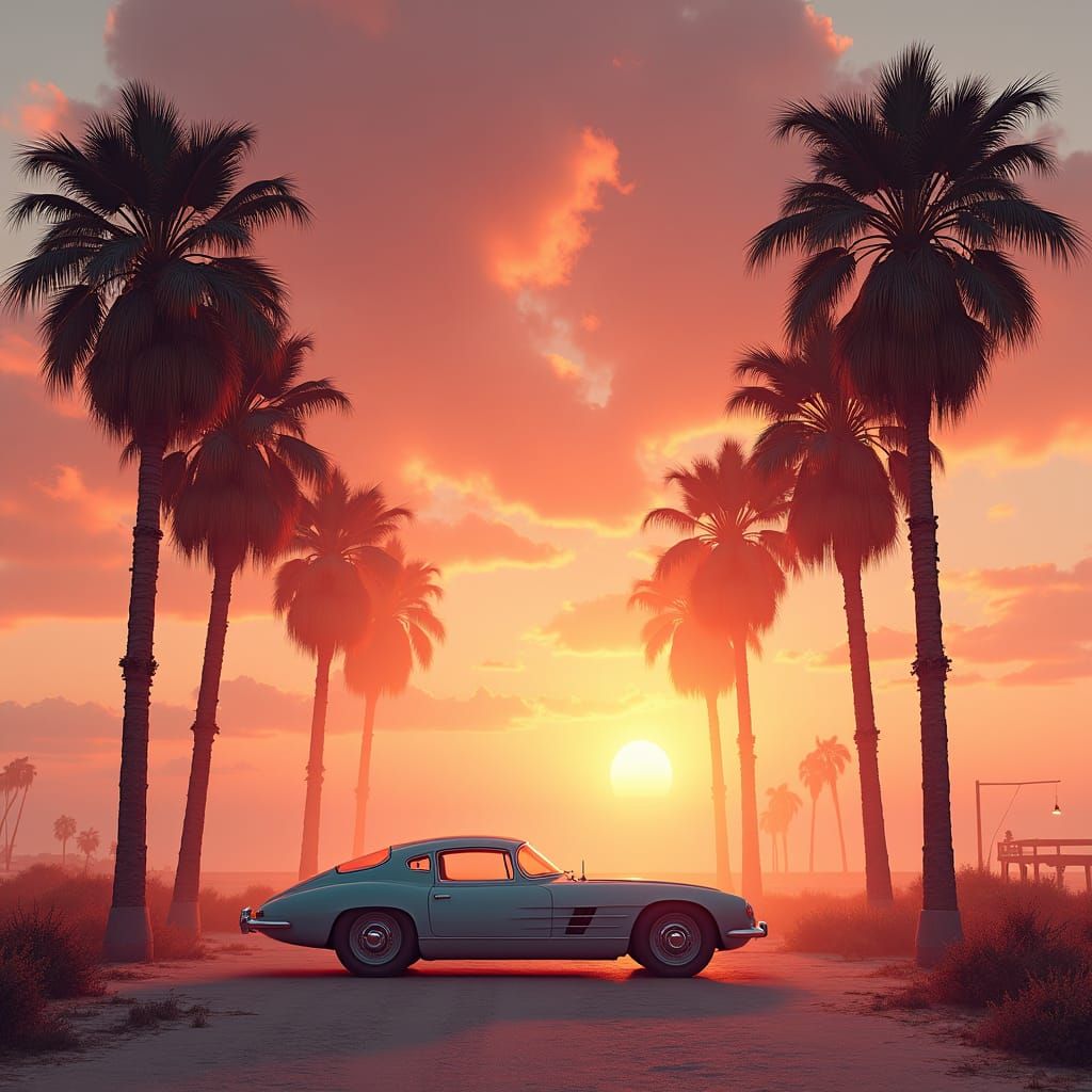 Vintage retro designs featuring classic cars and palm trees