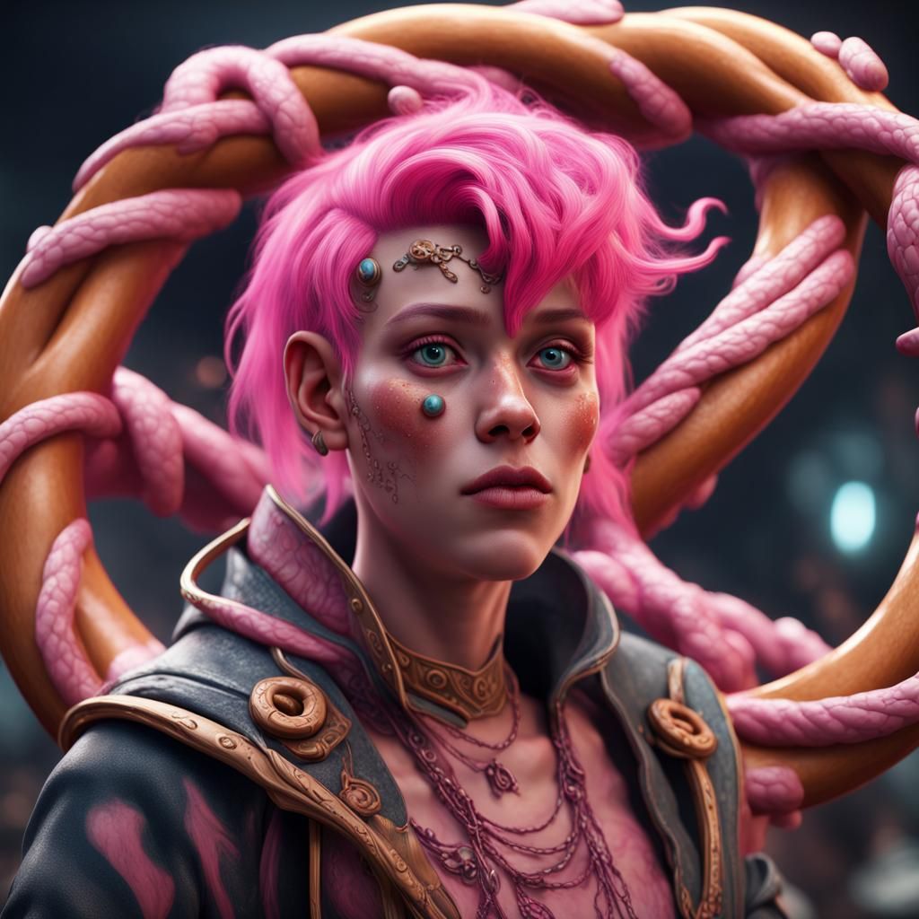 Pretzel Person with Pink Hair, Fantasy Concept Art