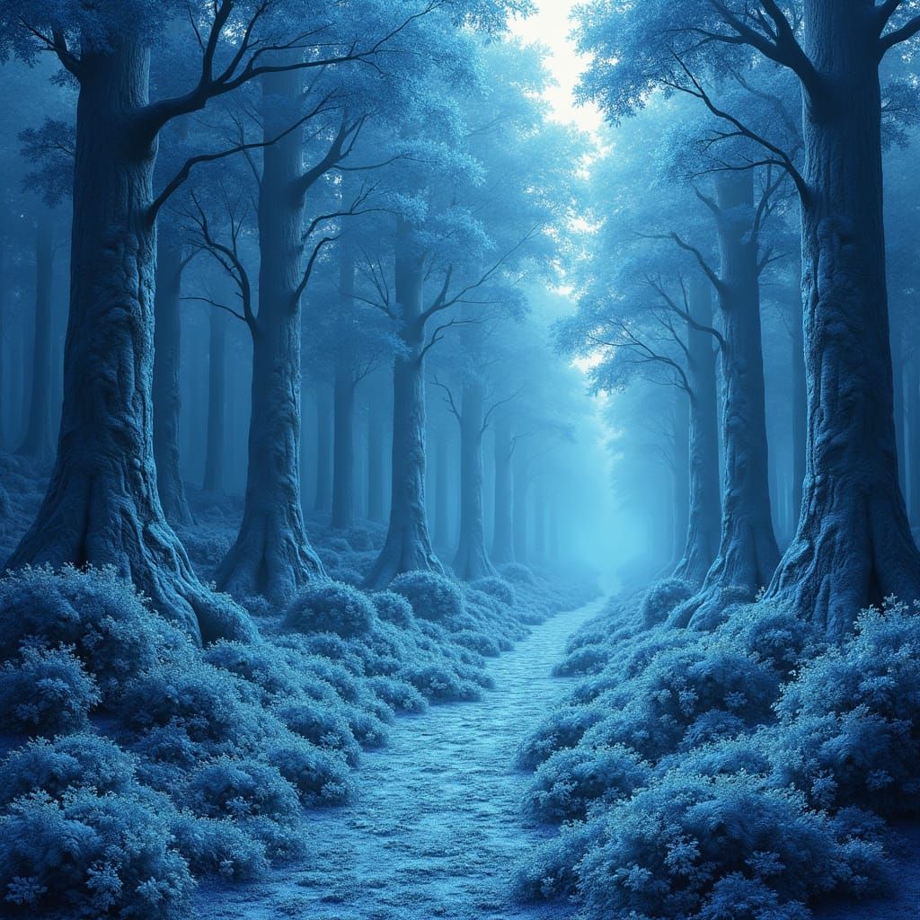 A high resolution mega pixel photorealistic dream-like, image, of a forest made up entirely of different shades of blue paisley features, sm...