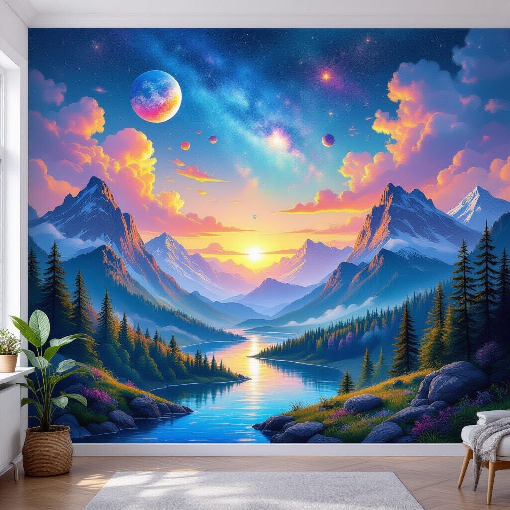 Vivid Airbrush Mural: Surreal Landscapes and Cosmic Skies