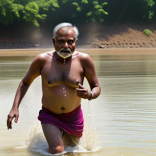 indian dad exiting water in a hurry