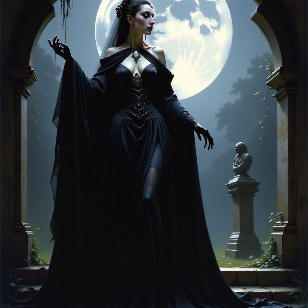 <lora:Pre-Raphaelites2:1.0> Portrait of a vampire rising from her tomb, full Moon, Halloween night, a maximalist masterpiece