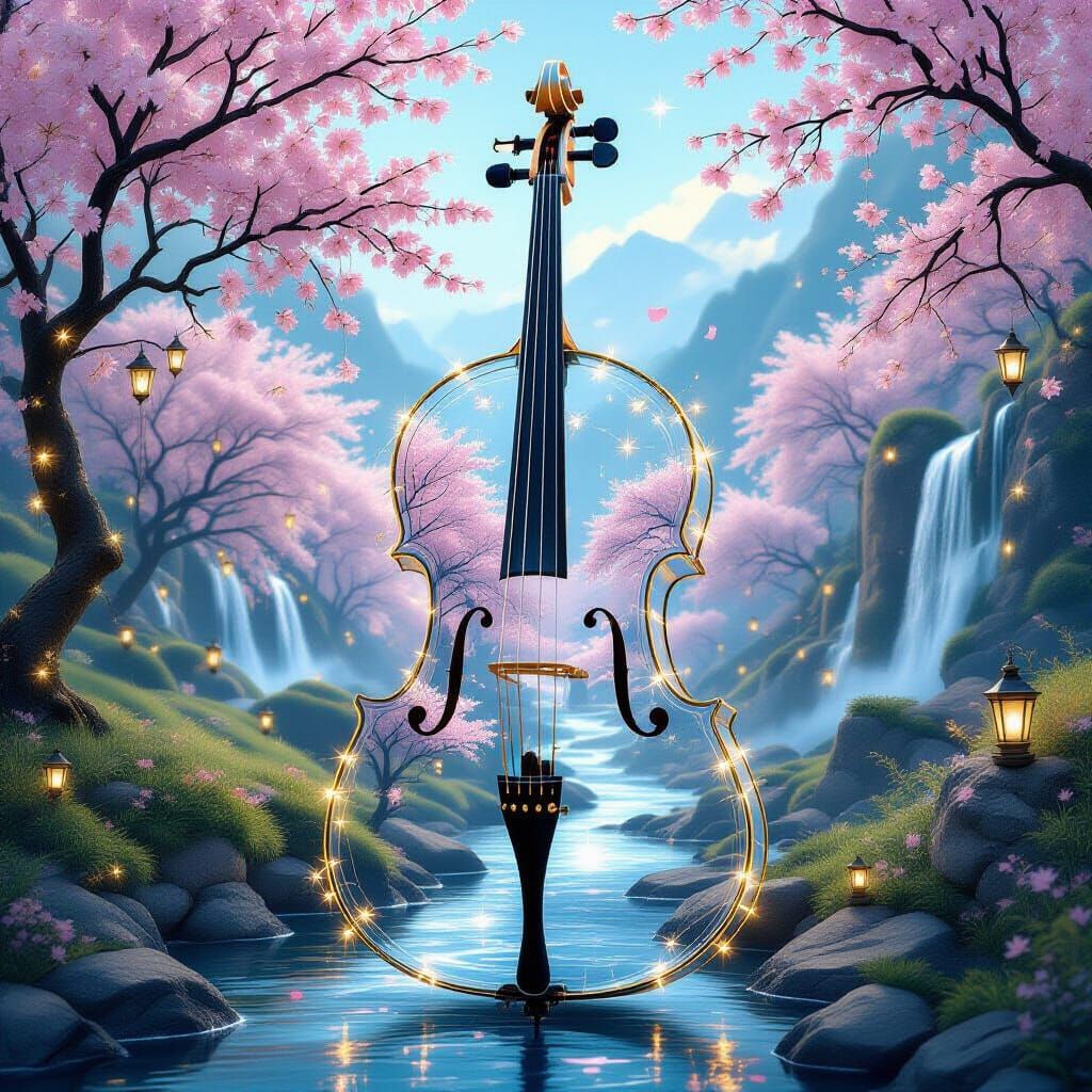 Transparent Cello With Spring Landscape, Ethereal Glow