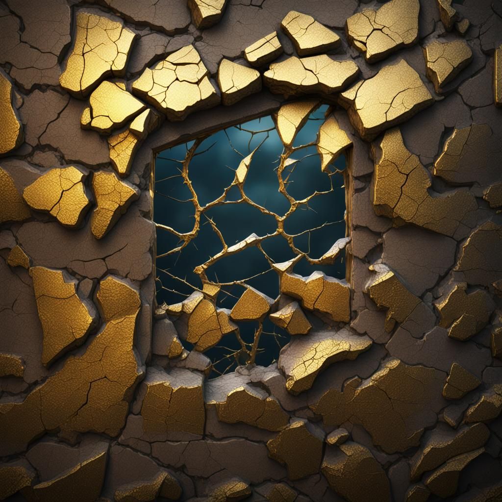Cracked window with kentsugi gold in cracks