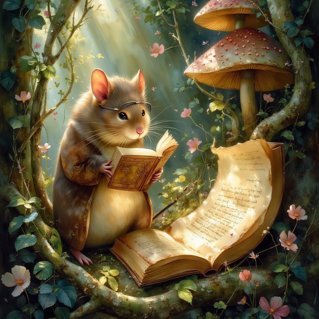 Whimsical Mouse Reads in Mushroom Library