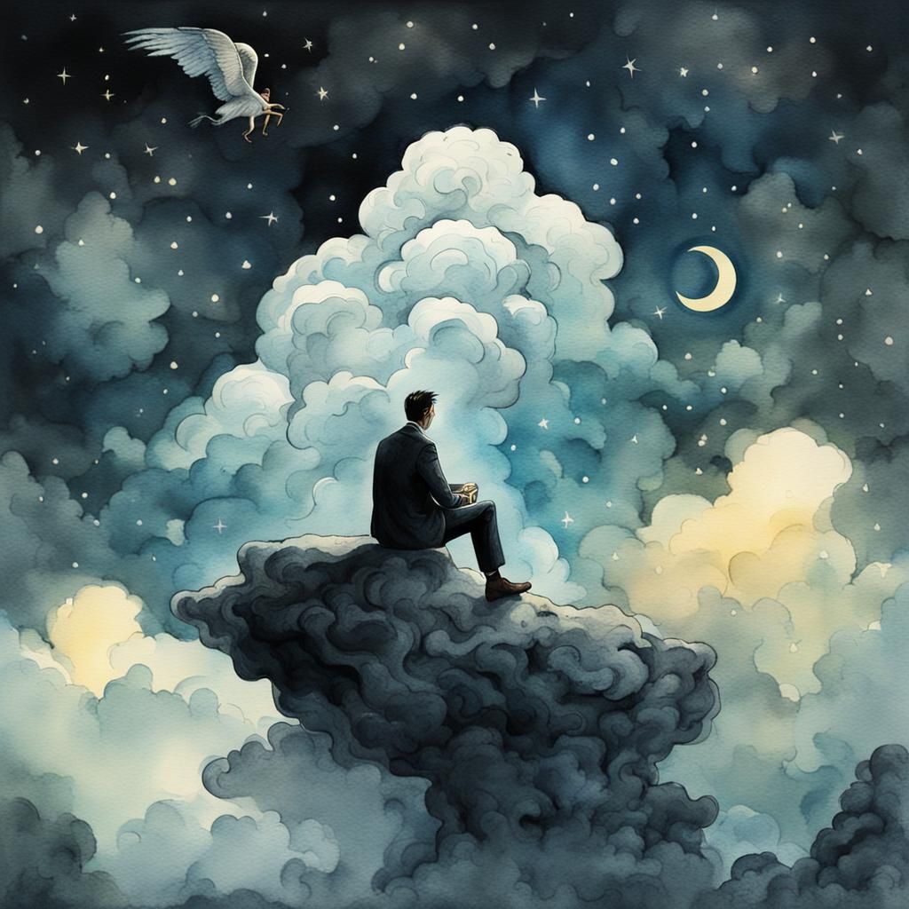 Human sitting on a Cloud, flying on a dark sky, horror by HP...