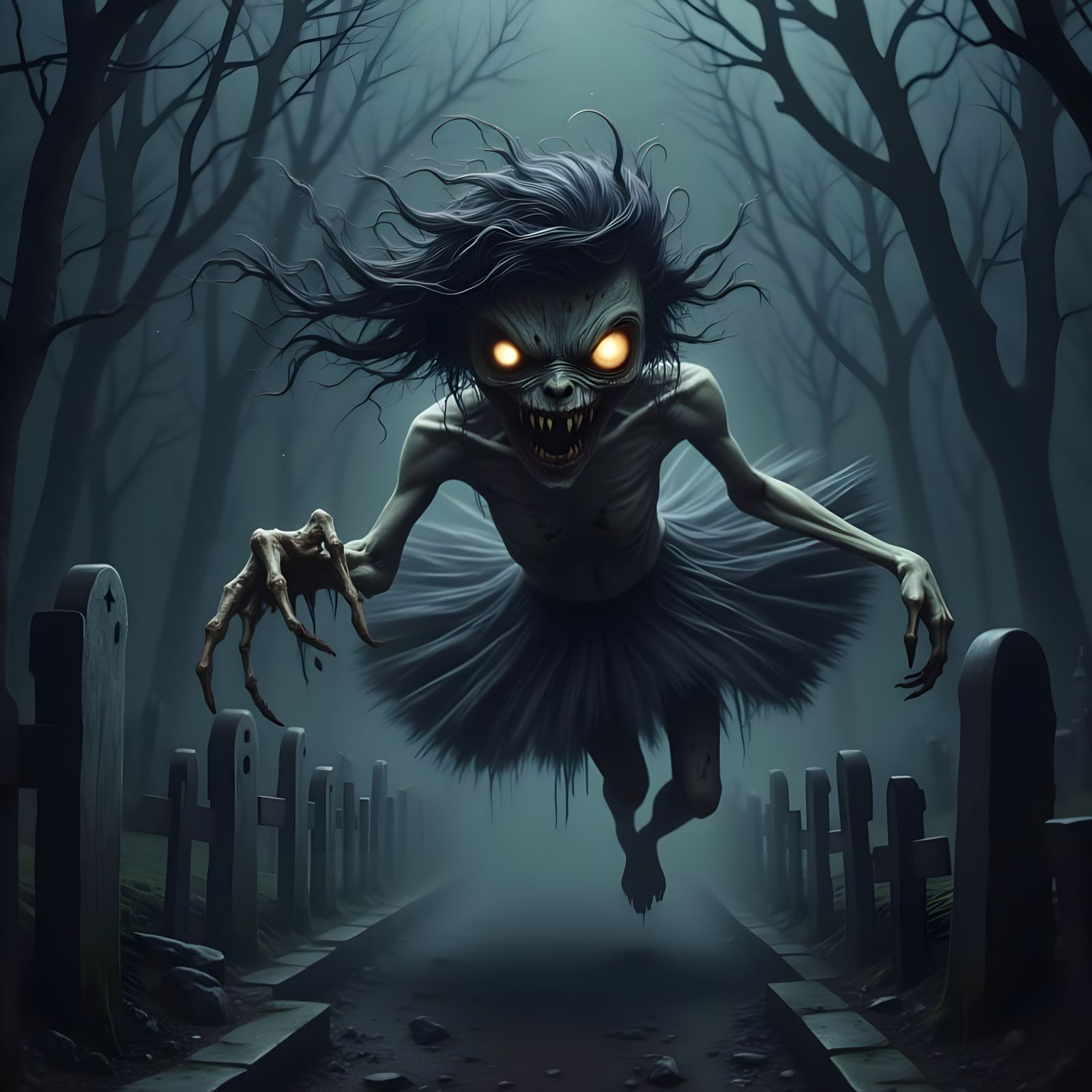 Sinister Zombified Ballerina in Foggy Graveyard