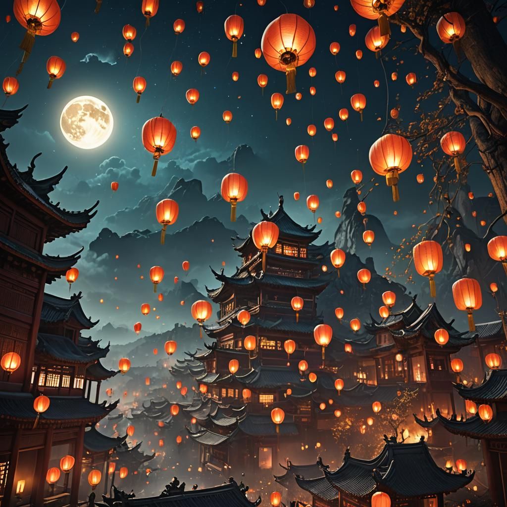 Chinese lanterns rise to the sky in the dark night