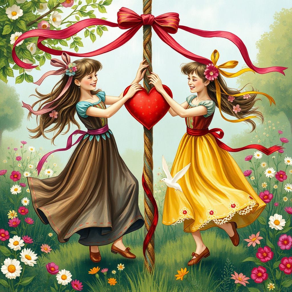 Whimsical Maypole Dancers Weave a Vibrant Red Hear... - AI Art