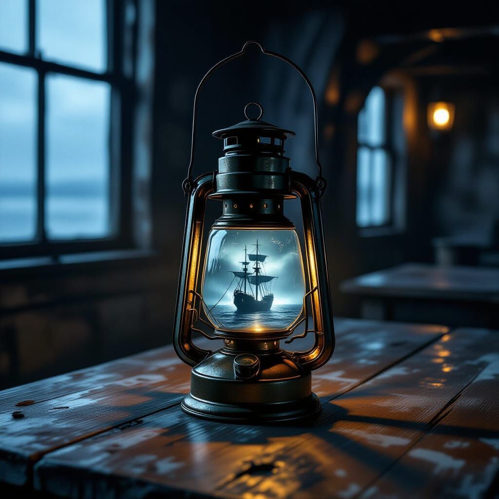 A single, antique brass lantern rests on a weathered wooden table inside a dimly lit, abandoned lighthouse. ...  by @Breiz-casper 