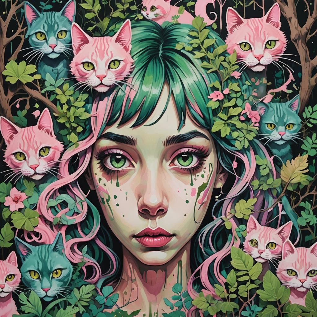 Creepy forest greenery Melanie Martinez style creepy cat lady pink and green deceiving