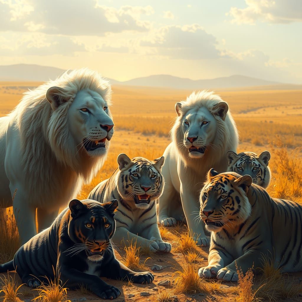 Leonesse bianche, pantere nere, tigri. panorama volumetric lighting sunny golden ratio detailed