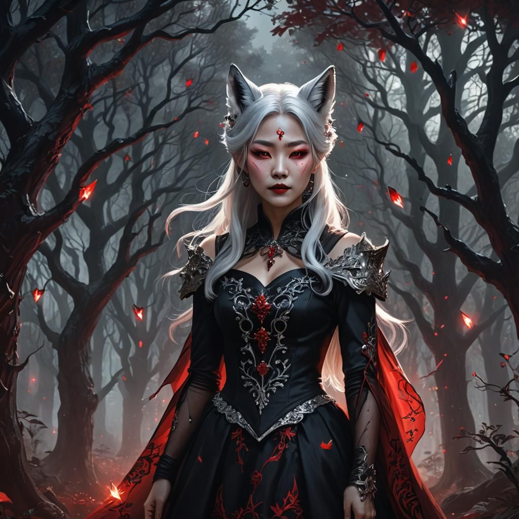 korean lady silver hair black dress red crystals white fox e...