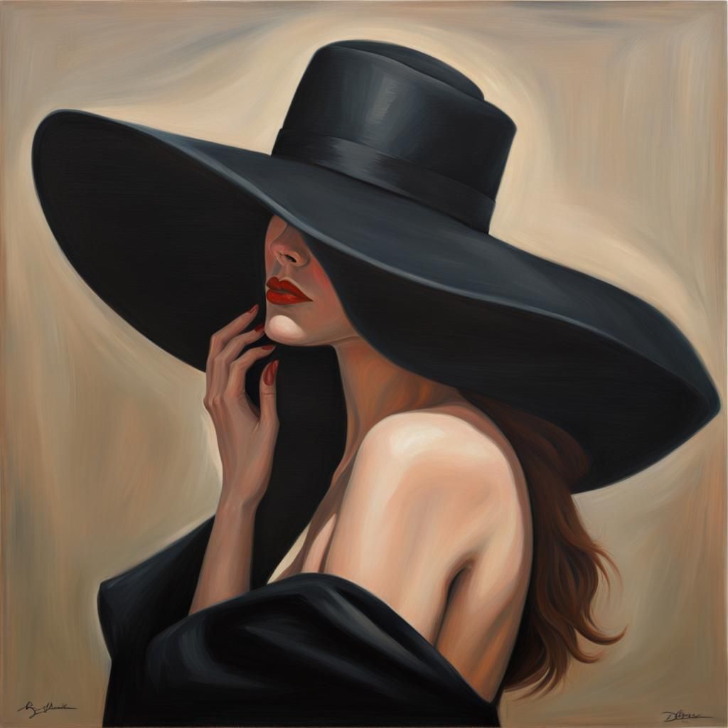 An Oil Painting Of A Beatiful Woman In A Black Dress Wearing Black Hat   X3OeYdqXYCv8f8hS0WVC  1  8toh1 