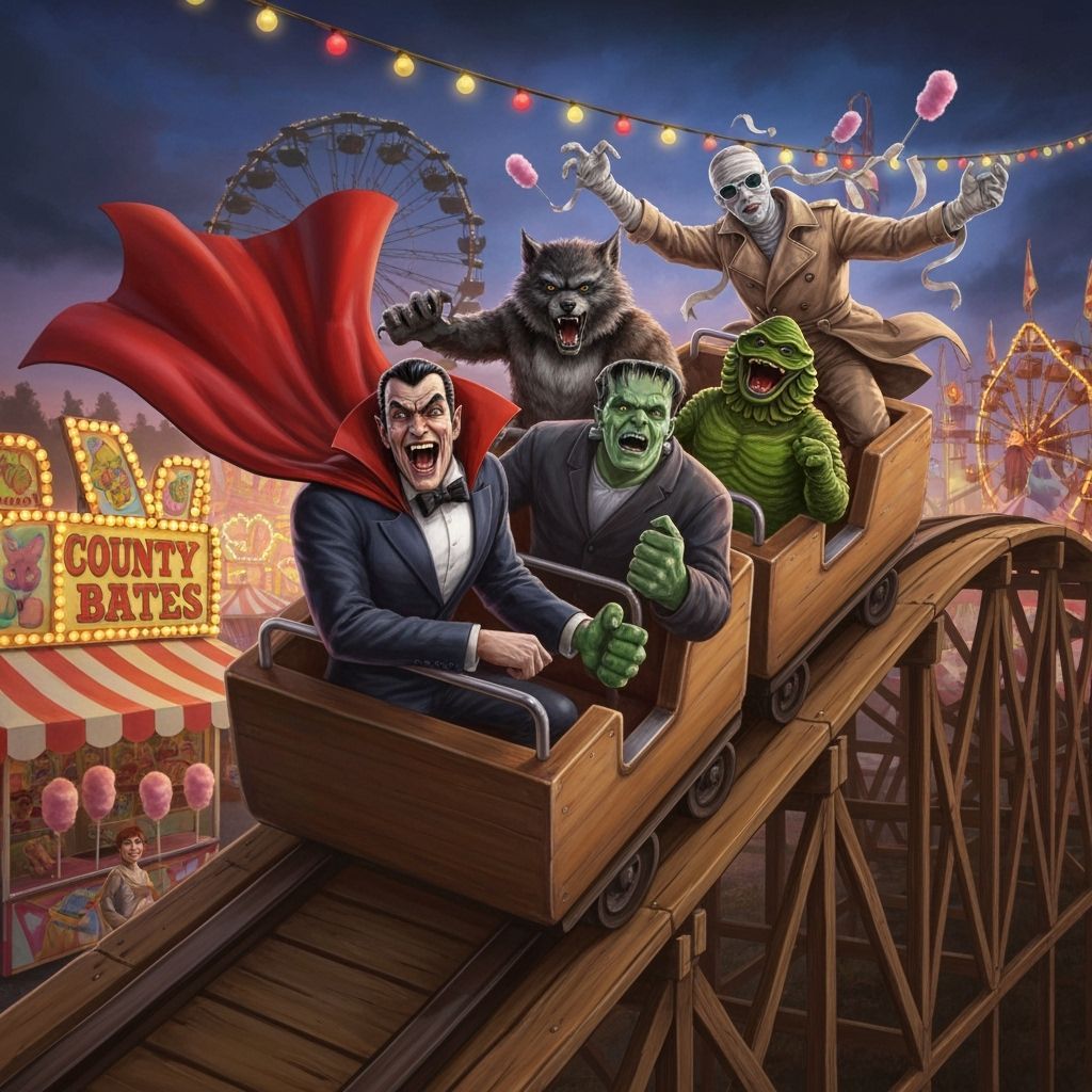 A lively county fair at dusk, glowing with colorful lights and old-fashioned midway signs. A rickety ...  by @Vikerzard