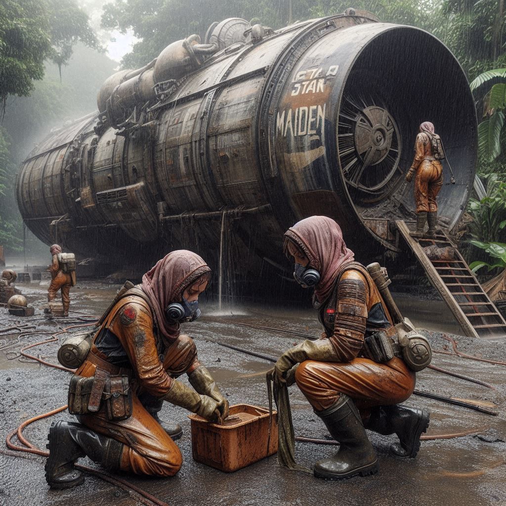 A few tired female workers are cleaning the vicinity of an o...