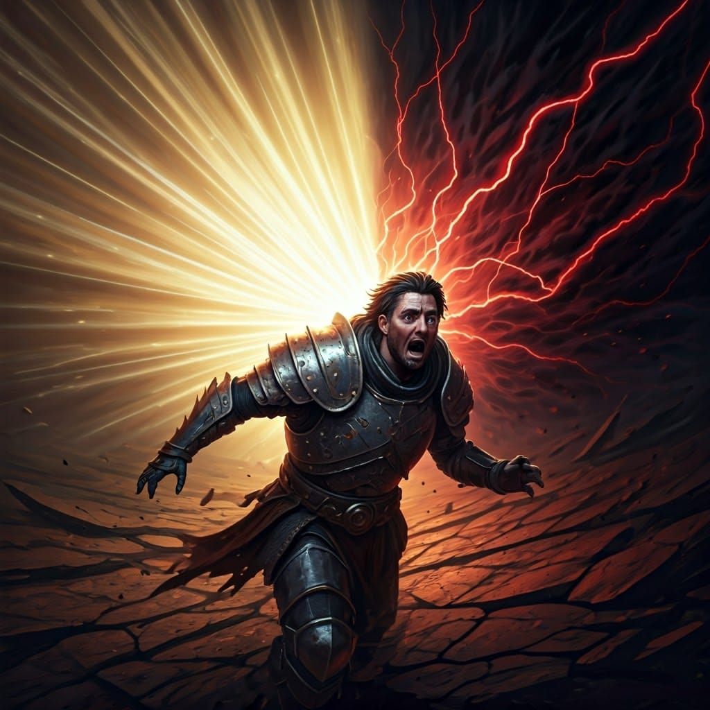 Depict a terrified warrior fleeing from two opposing forces ...