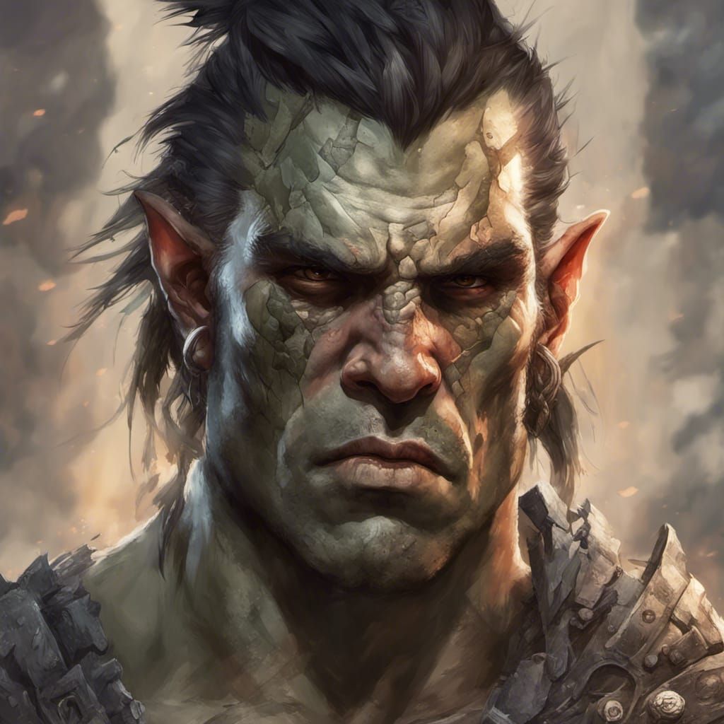 Half orc half human male covered in battle scars. Barbarian. head and ...