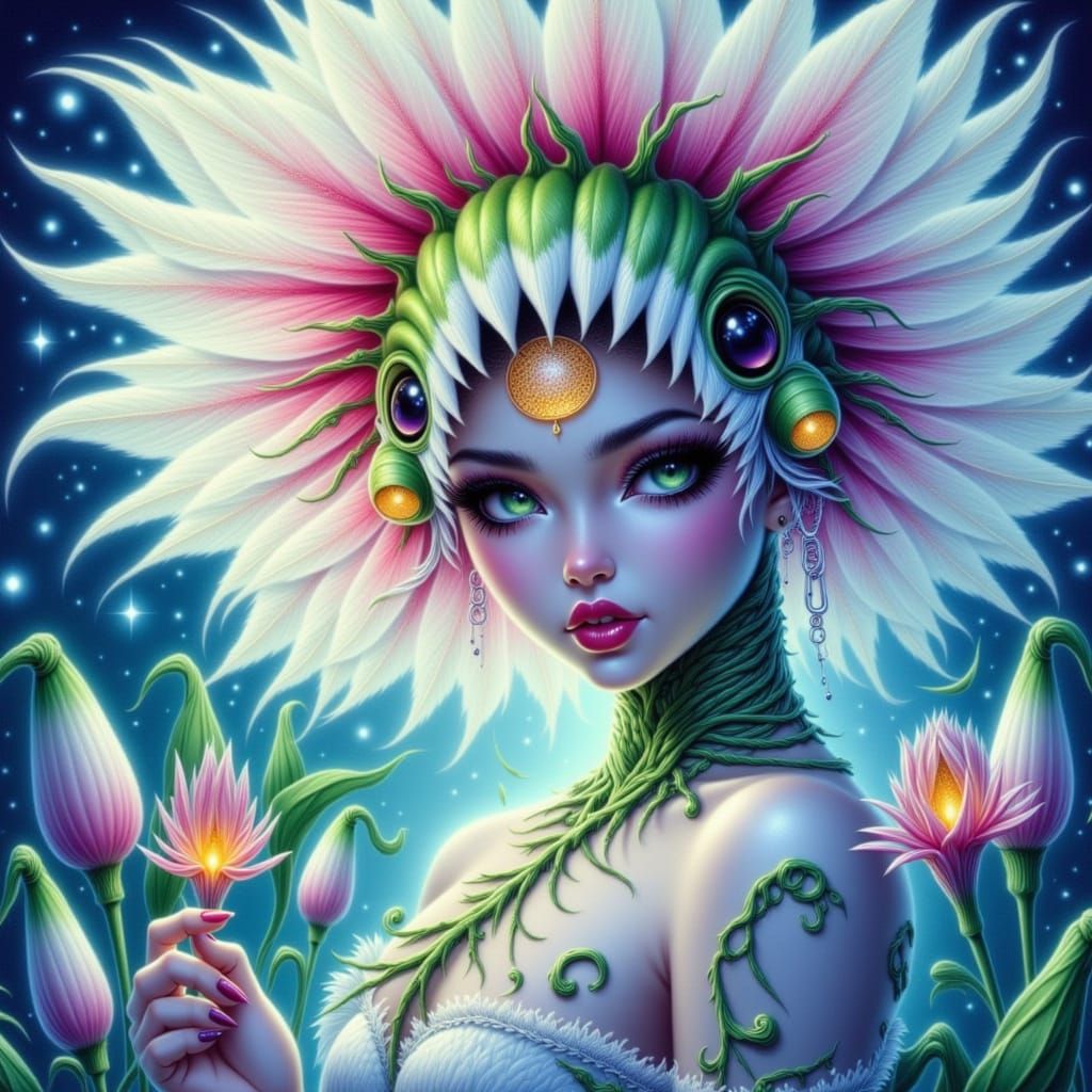 Hyper-detailed close-up of a female creature that is a shapeshifter mimic of a beautiful delicate Moon flower. She has a female face in the ...