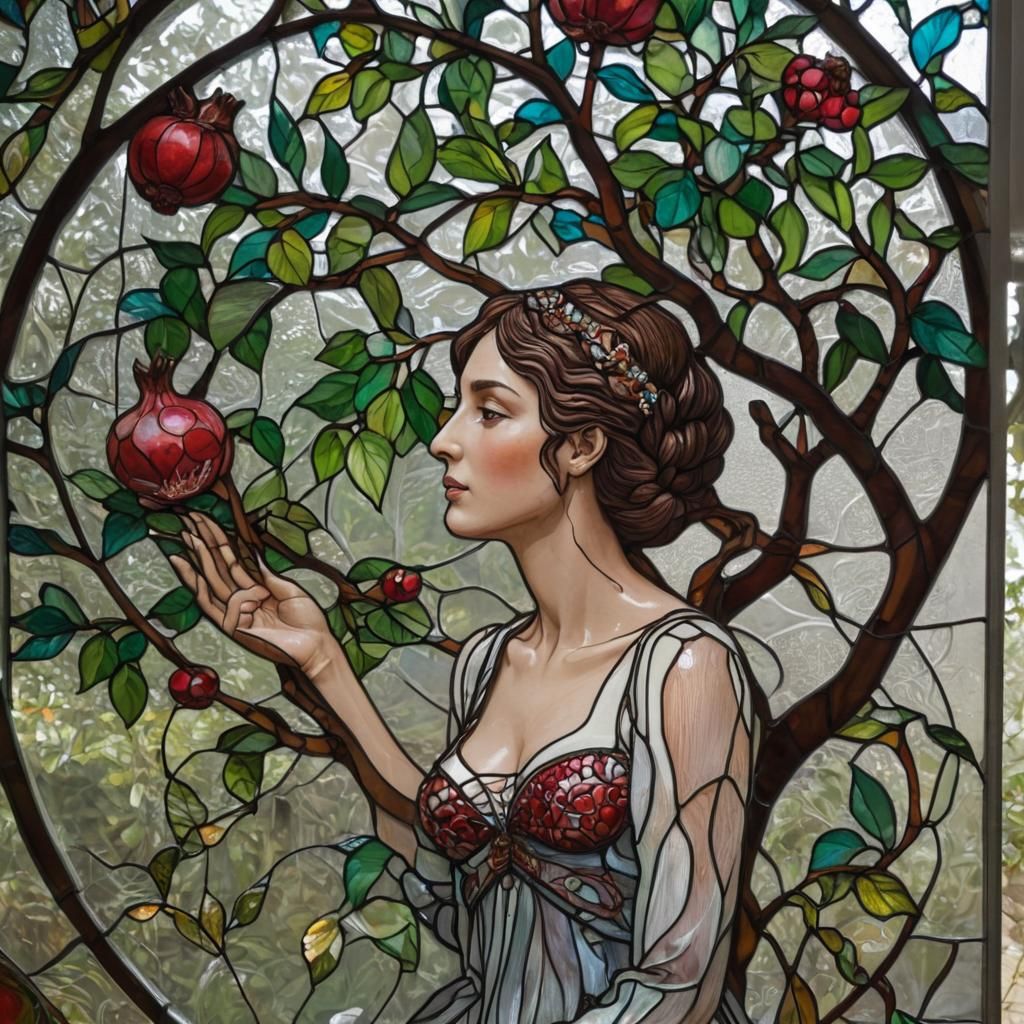 stained glass window of a pomegranate tree, a beautiful chas...