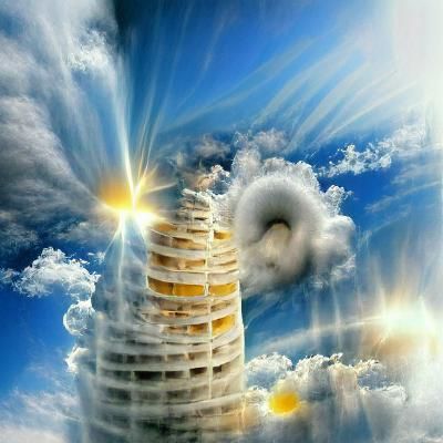 a spiral tower covered with clouds reaching heaven ,bright l...