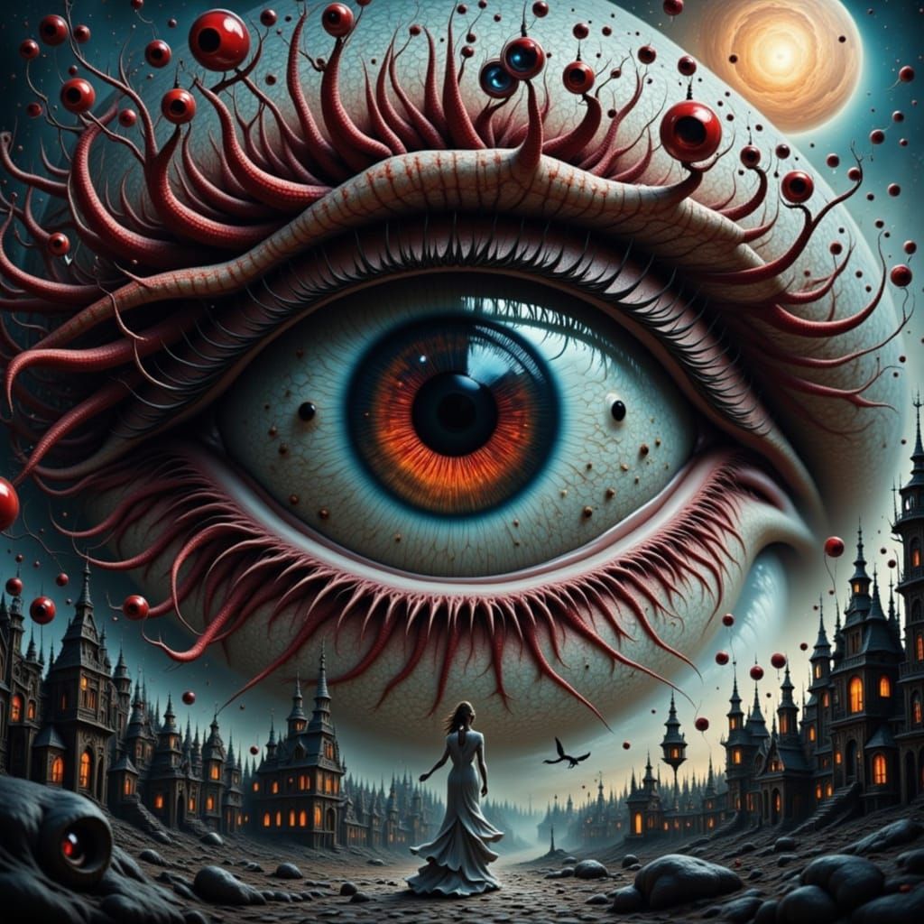 Surreal Woman's Eye Over Glitched Cityscape