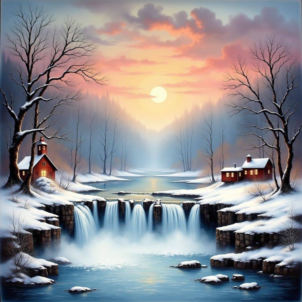 mixed media detailed matte painting, textured, dry brushstrokes, acrylic and oil, a dramatic a beautiful breathtaking snowy winter landscape...