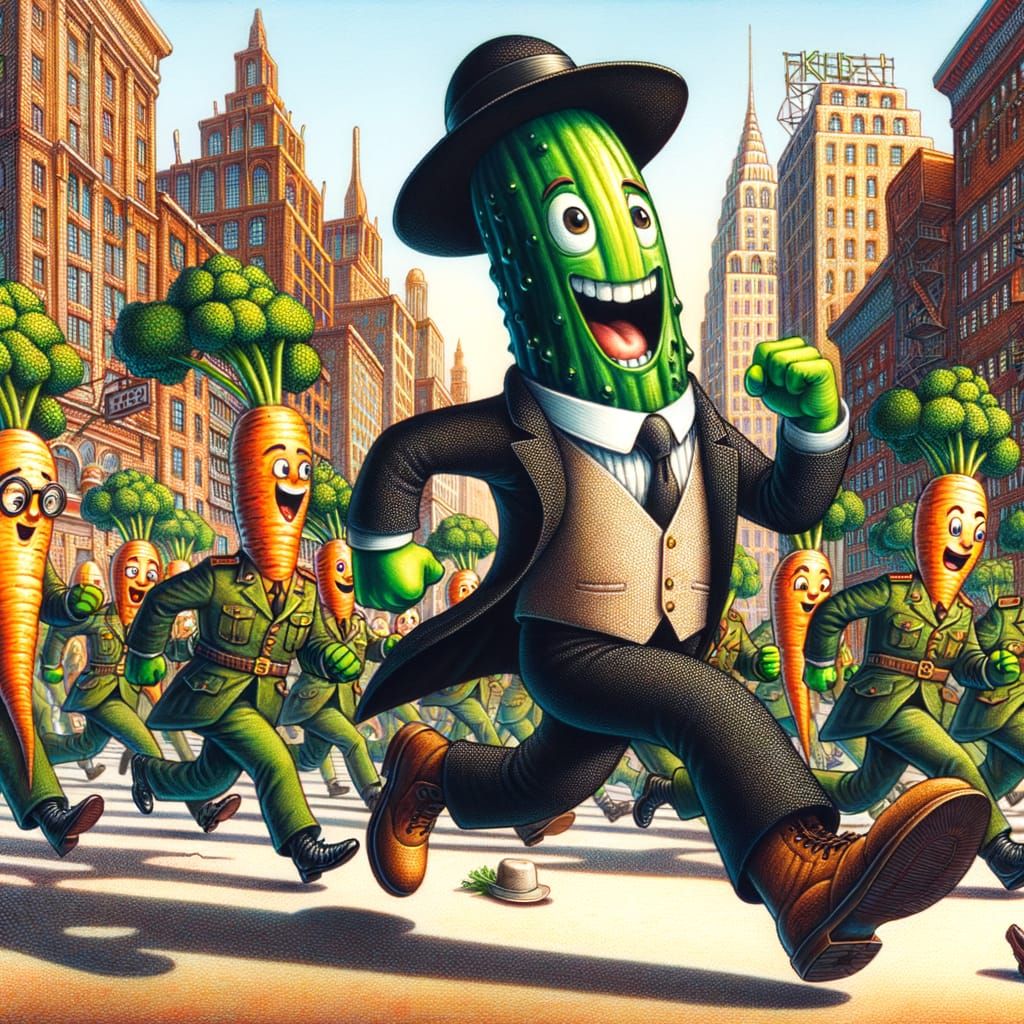 Cucumber's Urban Escape: A Cartoon Illustration