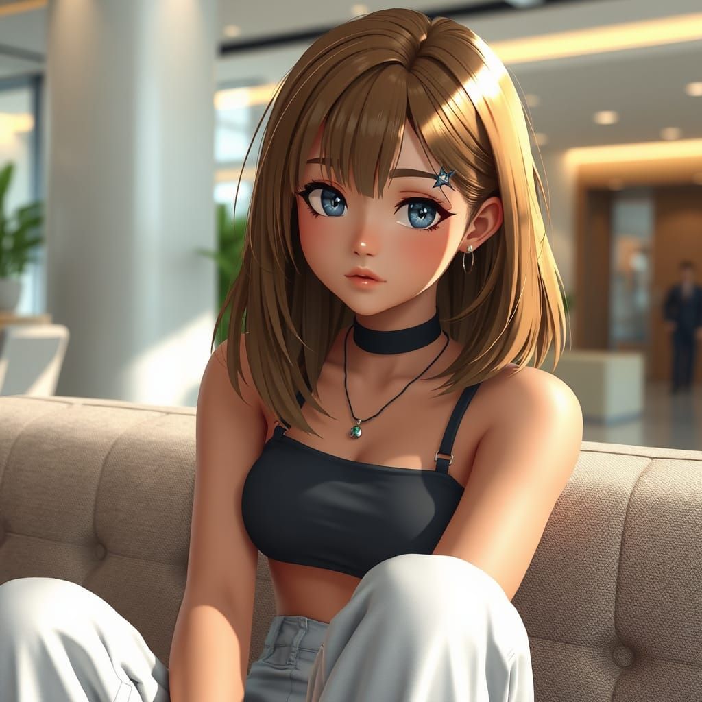 Anime Girl on Couch: 3D Rendered Concept Art