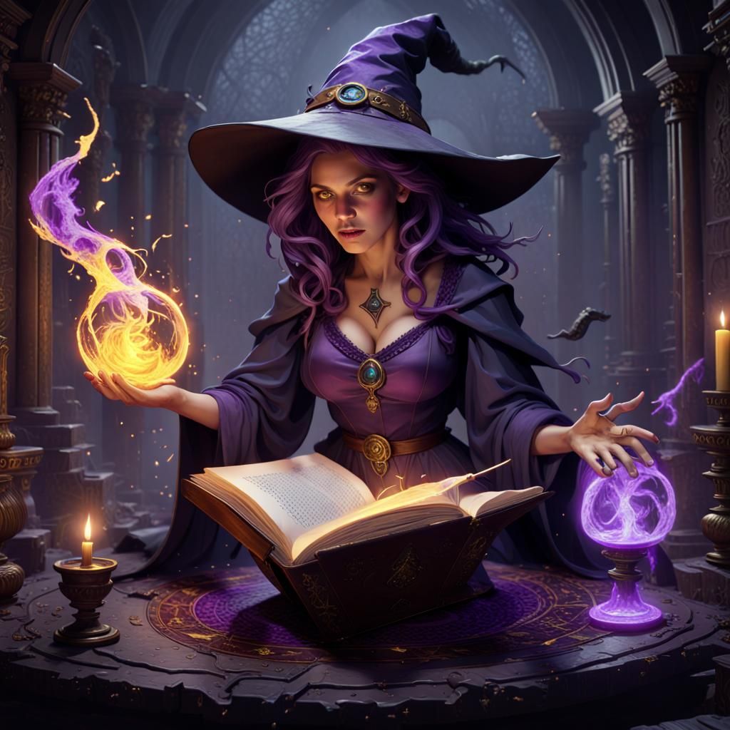 Witch uses a forbidden tome to summon black magic