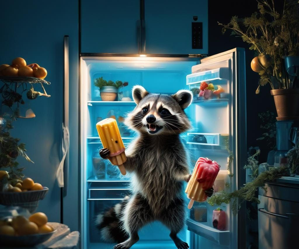Raccoon stealing a popsicle from the fridge.