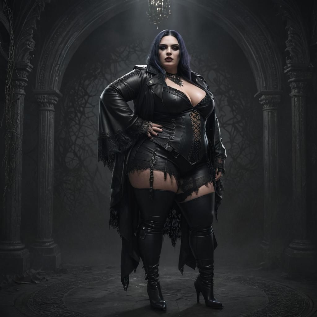 A hyperrealistic 3d render of a Voluptuous Goth woman, weari...