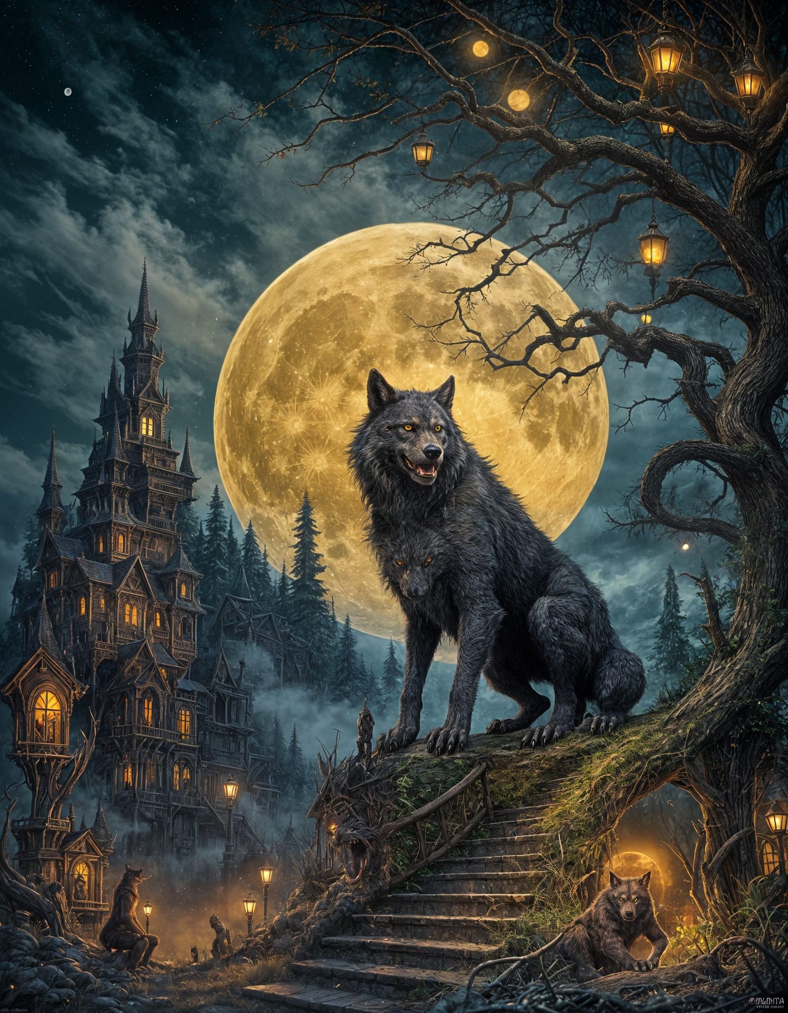 A werewolf under a big yellow full moon! (Upscaled Version)