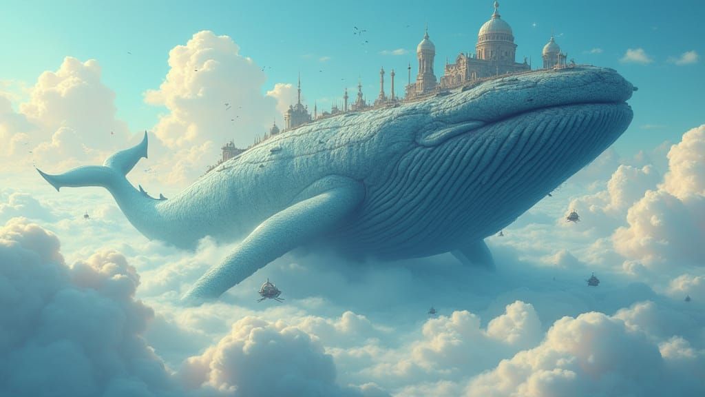 A colossal whale breaches from a sea of clouds, its body adorned with ancient ruins. 