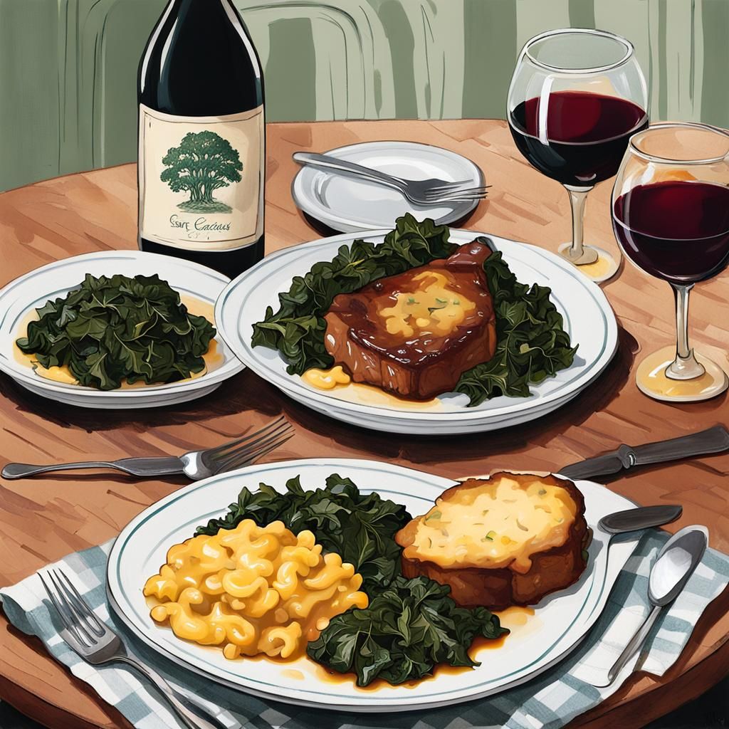 A plate with southern collard greens with smothered pork cho...